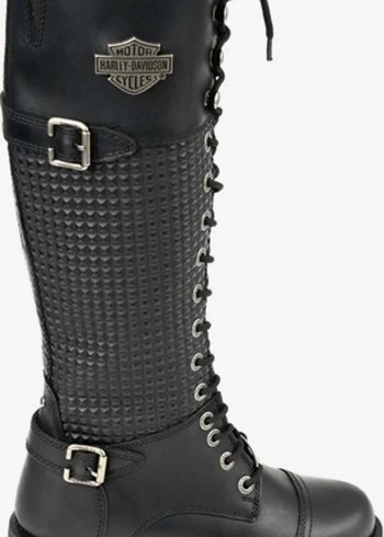 Siyah Deri Harley-Davidson Bağcıklı Kadın Çizme - Görsel 2