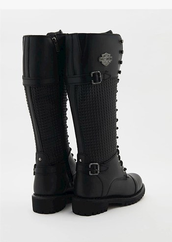 Siyah Deri Harley-Davidson Bağcıklı Kadın Çizme - Görsel 8