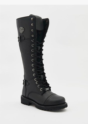 Siyah Deri Harley-Davidson Bağcıklı Kadın Çizme - Görsel 6