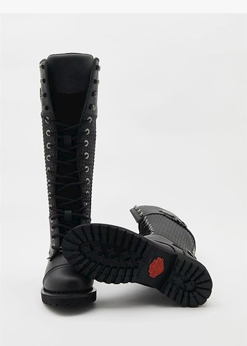 Siyah Deri Harley-Davidson Bağcıklı Kadın Çizme - Görsel 9