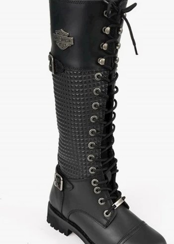 Siyah Deri Harley-Davidson Bağcıklı Kadın Çizme - Görsel 3