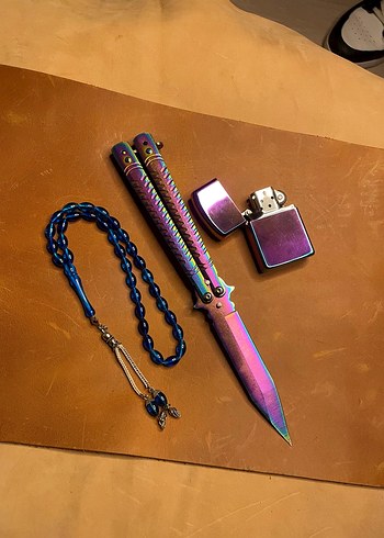 Rainbow Kelebek Bıçak + Zippo Çakmak + Tespih