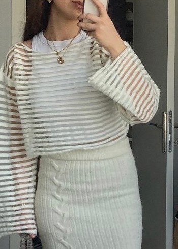 Beyaz Pilili Uzun Kollu İnce Kazak - Görsel 2