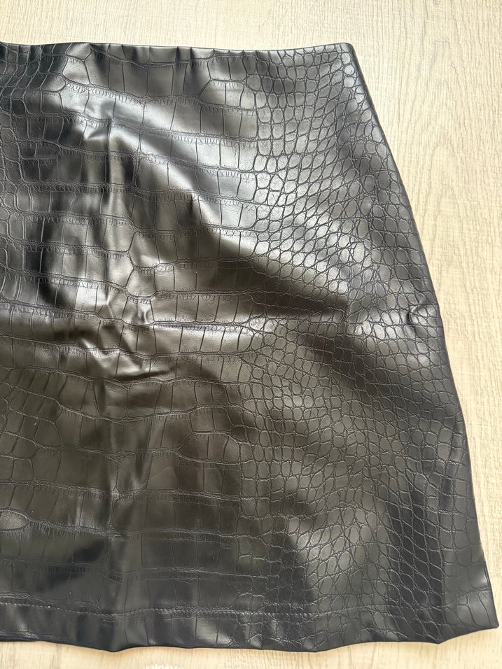 Siyah Deri Yılan Desenli Midi Mini Etek - Görsel 4