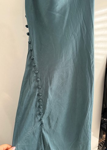 Düğmeli Uzun Turkuaz Kadın Elbise - Görsel 3