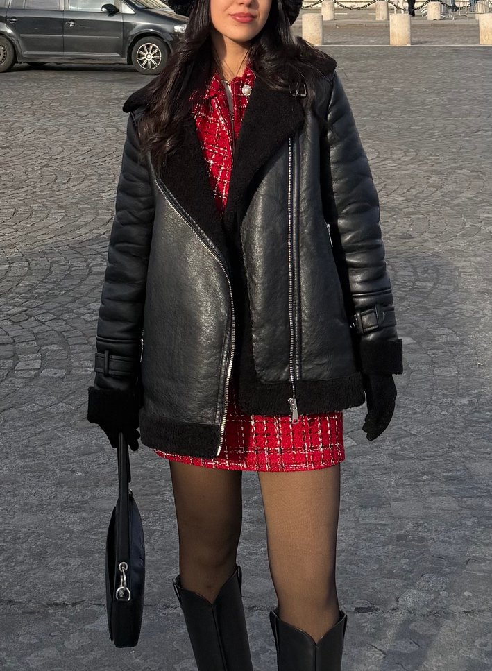 Kürk Detaylı Siyah Deri Kadın Mont - Görsel 2