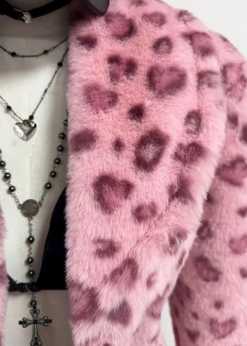 s Beden pembe leopar desenli kürk hirka lolita coquette