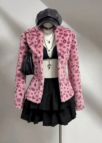 pembe leopar desenli kürk hirka lolita coquette