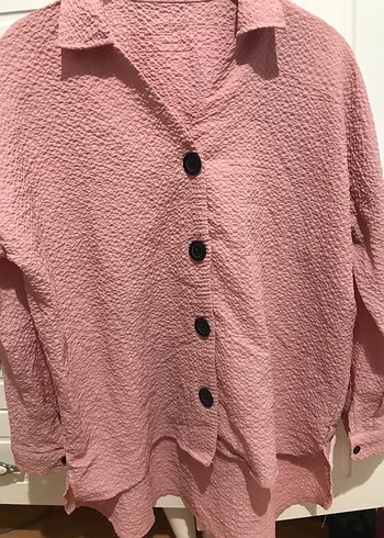 Düğmeli Pembe Kadın Keten Gömlek - Görsel 2