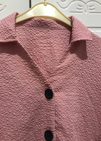 Düğmeli Pembe Kadın Keten Gömlek - Görsel 3