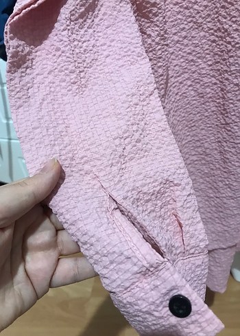 Düğmeli Pembe Kadın Keten Gömlek - Görsel 4