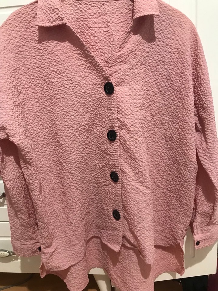 Düğmeli Pembe Kadın Keten Gömlek - Görsel 2