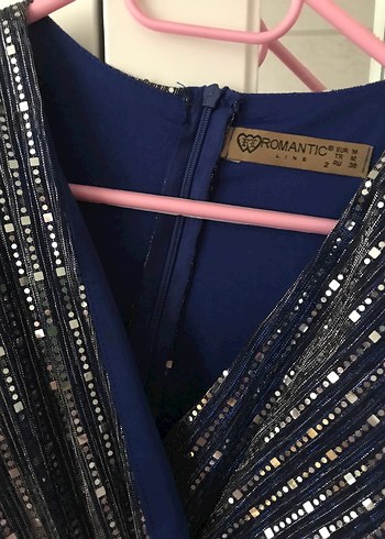 Mavi Payetli Uzun V Yaka Abiye Elbise - Görsel 4