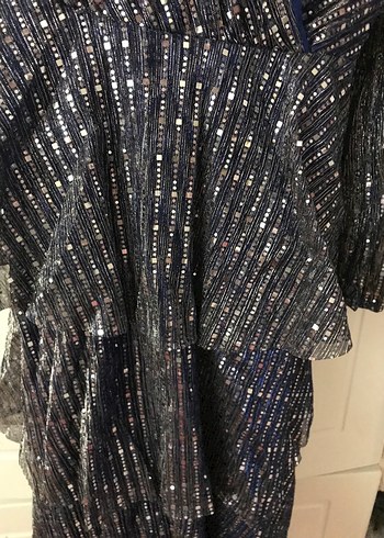 Mavi Payetli Uzun V Yaka Abiye Elbise - Görsel 6