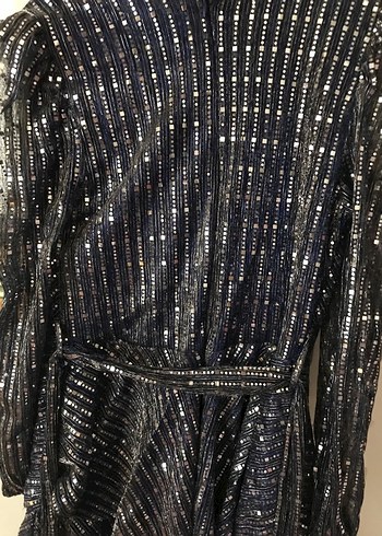 Mavi Payetli Uzun V Yaka Abiye Elbise - Görsel 8