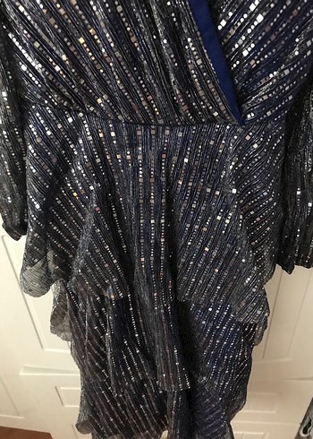 Mavi Payetli Uzun V Yaka Abiye Elbise - Görsel 2