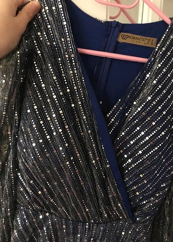 Mavi Payetli Uzun V Yaka Abiye Elbise - Görsel 5