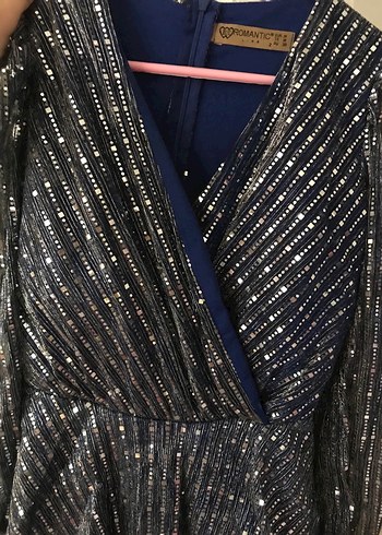 Mavi Payetli Uzun V Yaka Abiye Elbise - Görsel 3