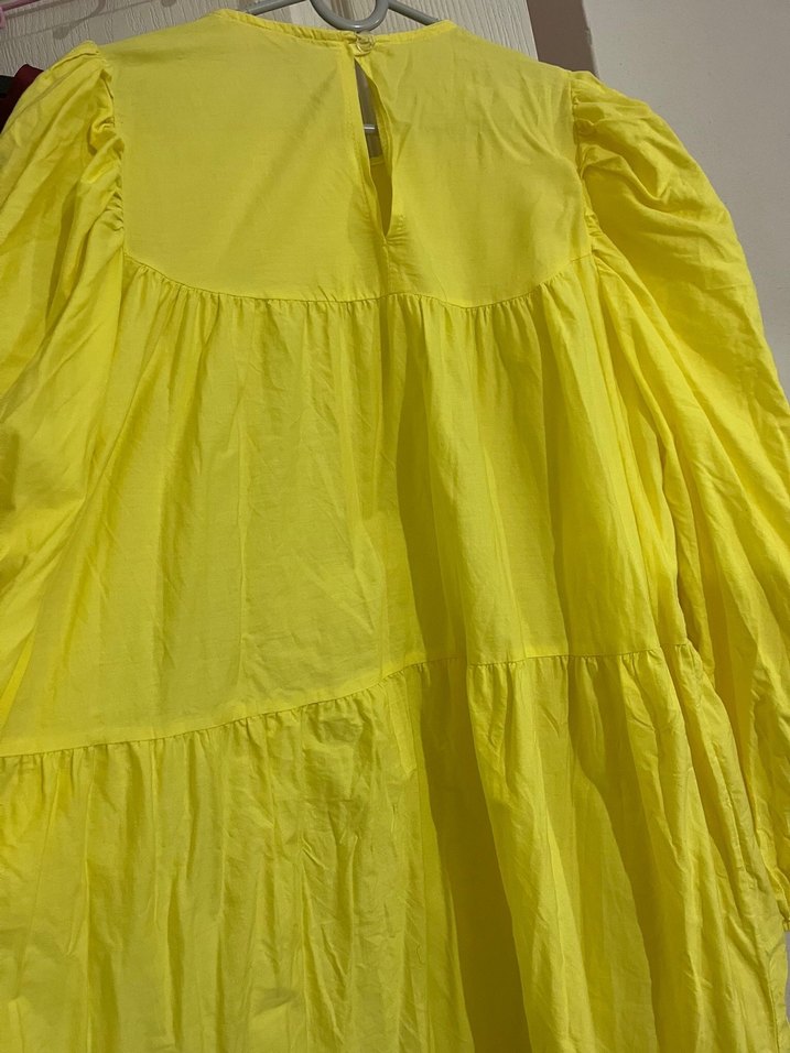 Sarı Uzun Kollu Fırfırlı Midi Elbise - Görsel 3