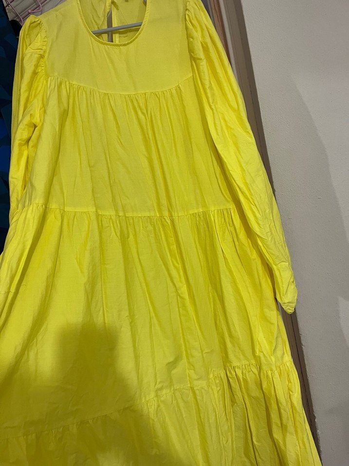 Sarı Uzun Kollu Fırfırlı Midi Elbise - Görsel 2