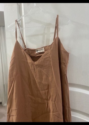 Bej Keten V Yaka Salaş Elbise - Görsel 3