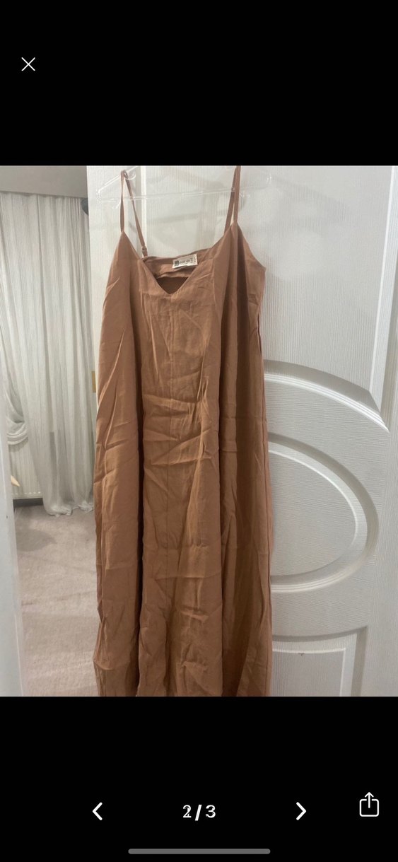 Bej Keten V Yaka Salaş Elbise - Görsel 2