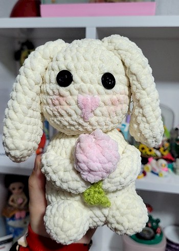 Pastel Renkli Beyaz Peluş Tavşan Oyuncak - Görsel 3