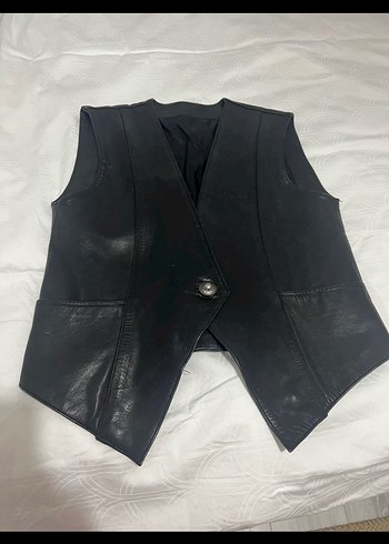 Vintage Düğmeli Siyah gerçek Deri Kadın Yelek - Görsel 3