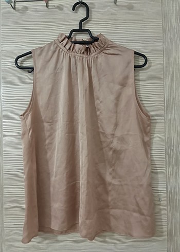 Toz pembe Kolsuz Yüksek Yaka saten Bluz