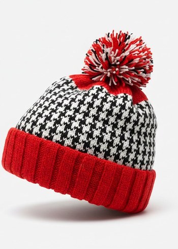 Kadın Kırmızı Gri Örgü Bere - Görsel 2