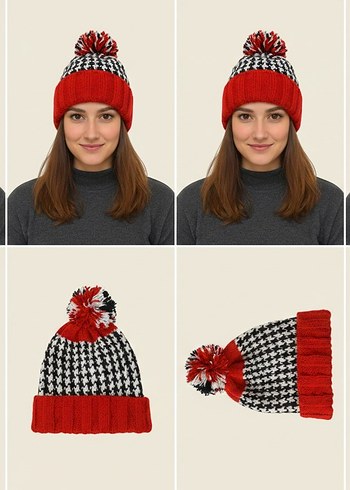 Kadın Kırmızı Gri Örgü Bere - Görsel 3