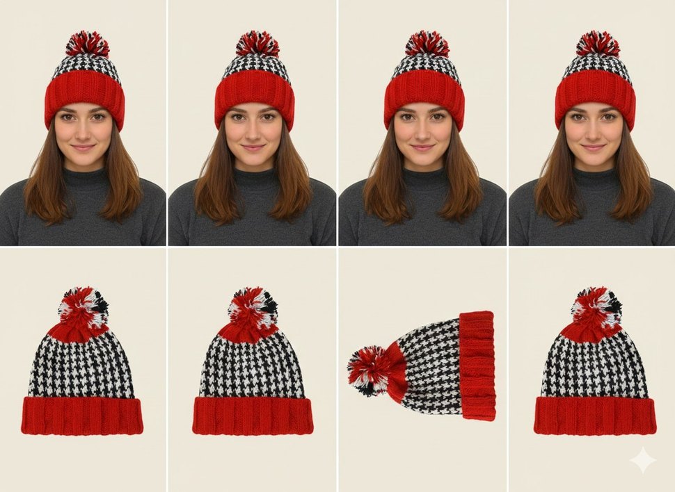 Kadın Kırmızı Gri Örgü Bere - Görsel 3