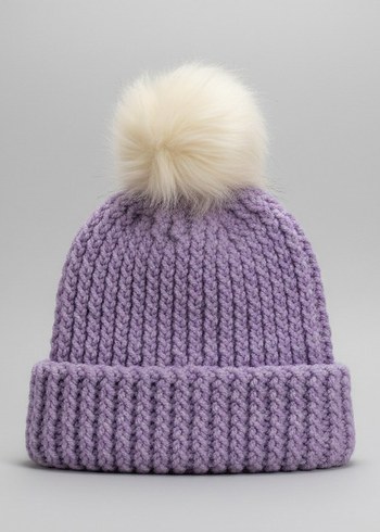 Lila Triko Kadın Bere Beyaz Ponponlu - Görsel 2