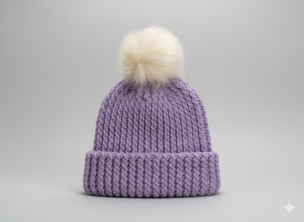 Lila Triko Kadın Bere Beyaz Ponponlu - Görsel 2