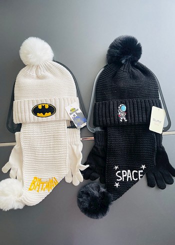 Gri Nakışlı Çocuk Bere Atkı Eldiven Seti - Görsel 3