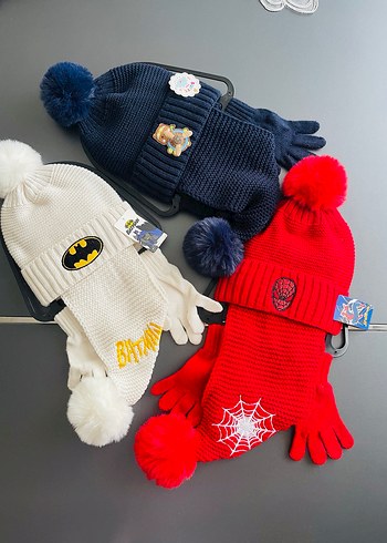 Gri Nakışlı Çocuk Bere Atkı Eldiven Seti - Görsel 2