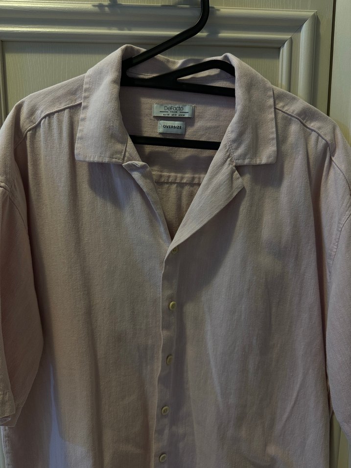 Pembe Keten Oversize Erkek Gömlek - Görsel 2