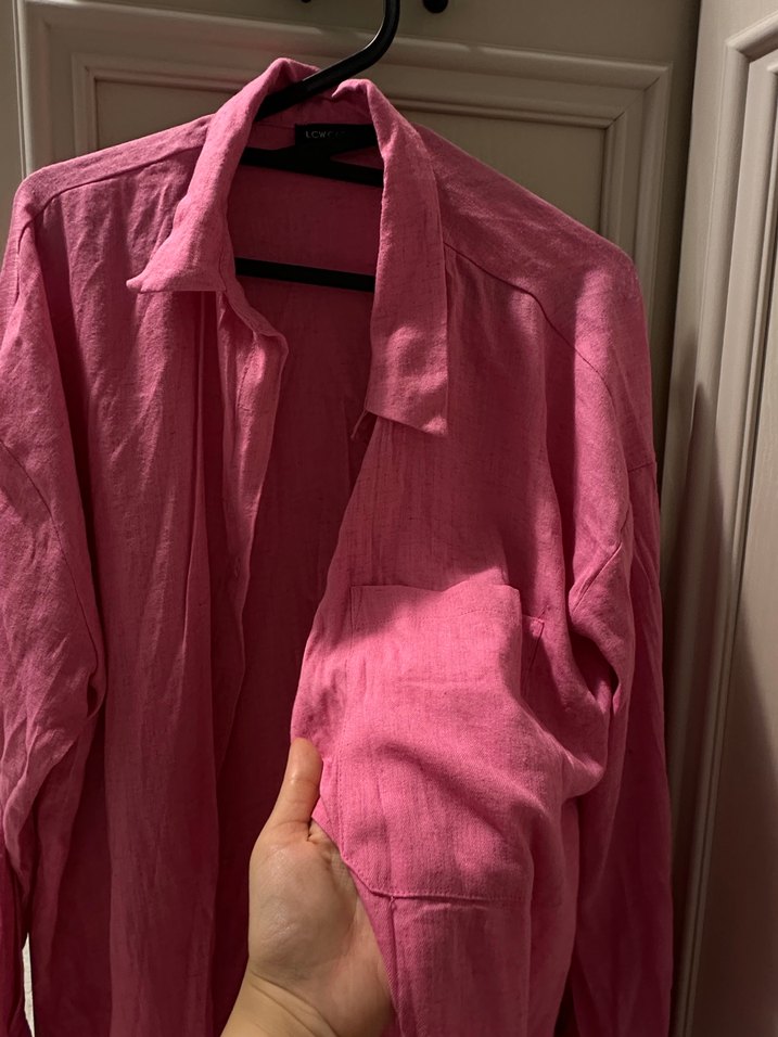 Düğmeli Pembe Keten Kadın Gömlek - Görsel 2