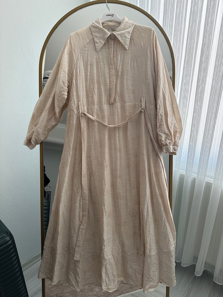 Düğmeli, Bej Renkli Elbise - Görsel 3