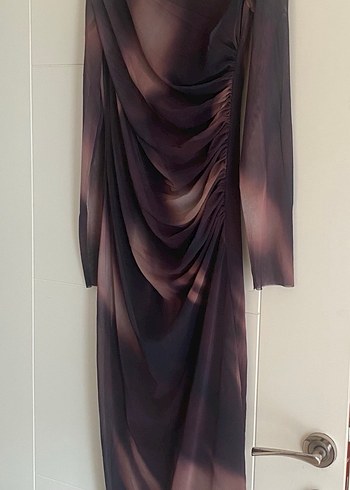 Kahverengi Drapeli Uzun Kadın Elbise - Görsel 4