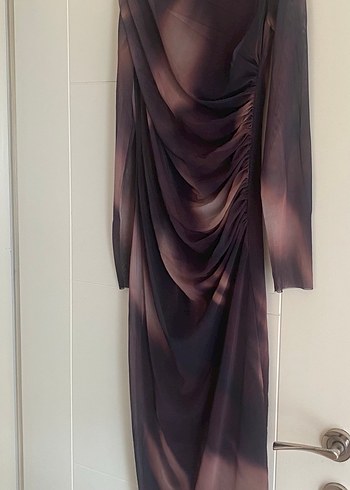 Kahverengi Drapeli Uzun Kadın Elbise - Görsel 3