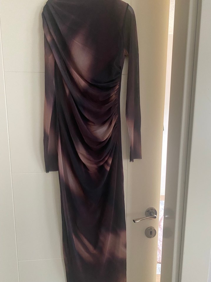 Kahverengi Drapeli Uzun Kadın Elbise - Görsel 2