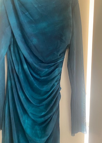 Uzun Kol Drapeli Mavi İpek Elbise - Görsel 6