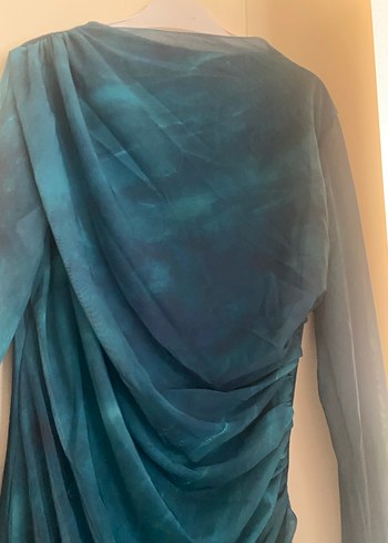 Uzun Kol Drapeli Mavi İpek Elbise - Görsel 7