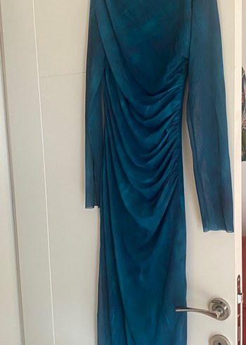 Uzun Kol Drapeli Mavi İpek Elbise - Görsel 2