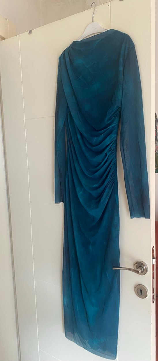 Uzun Kol Drapeli Mavi İpek Elbise - Görsel 2