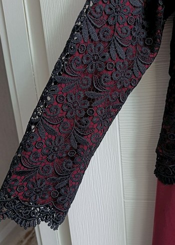 Bordo Dantel İşlemeli Uzun Kollu Kadın Abiye Elbise - Görsel 5