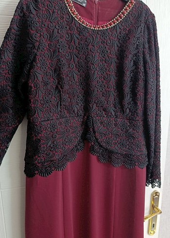 Bordo Dantel İşlemeli Uzun Kollu Kadın Abiye Elbise - Görsel 3