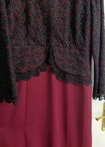 Bordo Dantel İşlemeli Uzun Kollu Kadın Abiye Elbise - Görsel 4