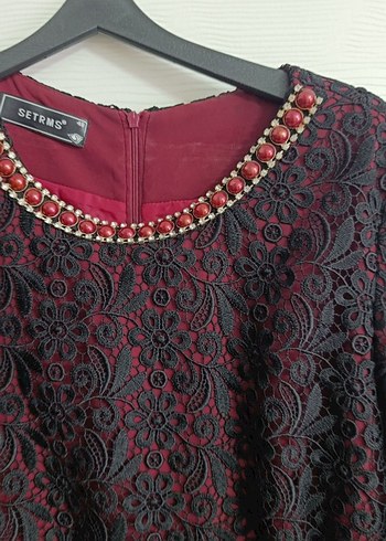 Bordo Dantel İşlemeli Uzun Kollu Kadın Abiye Elbise - Görsel 2